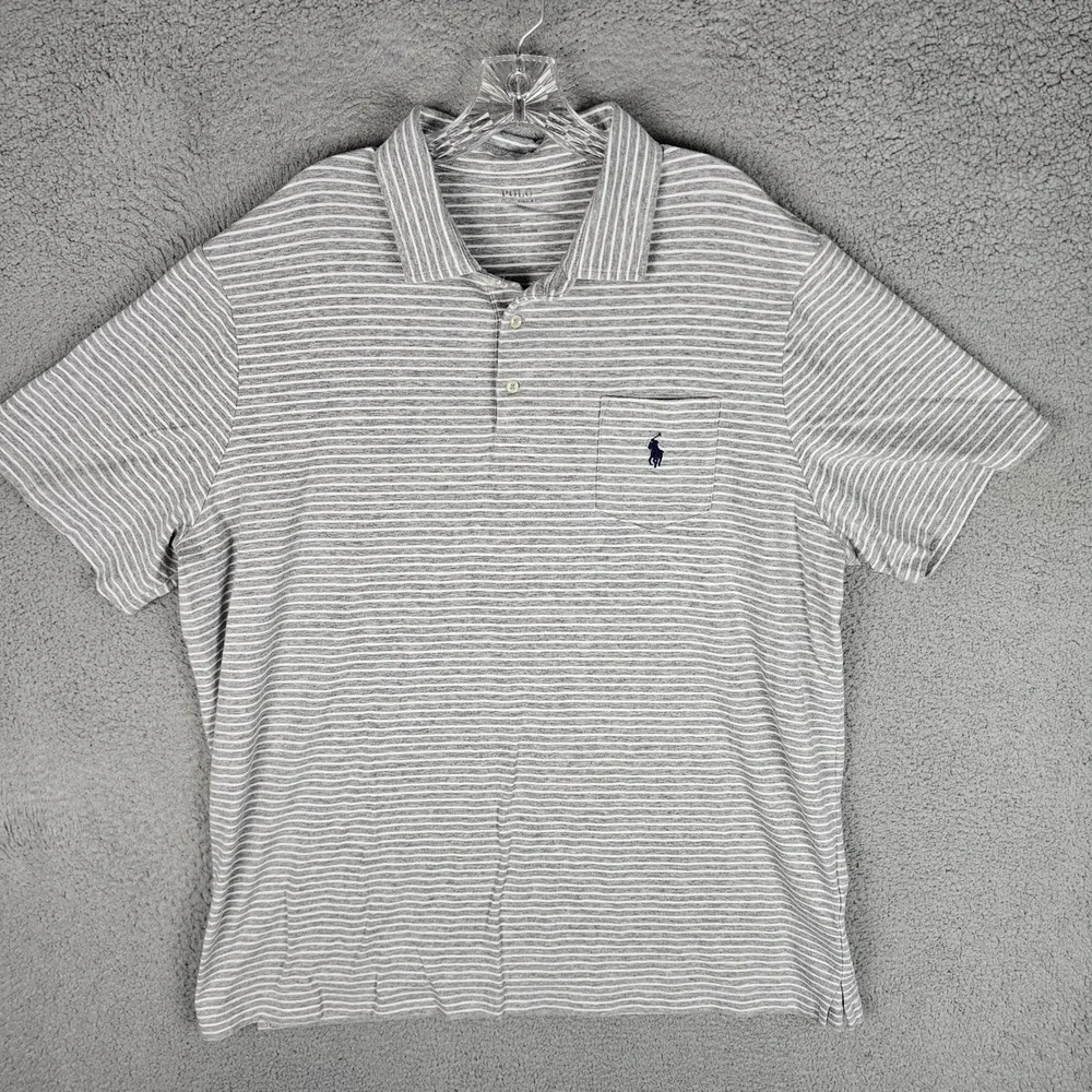 Polo Ralph Lauren Polo Mens XXL Grey Performance Striped Pocket Short Sleeve